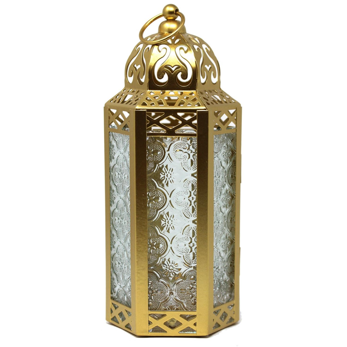 Gold Metal Decorative Moroccan Lantern Candle Holder Lamp - Indoor/Outdoor, Home Decor, Patio, Weddings, Christmas - Gold Medium - MAIN