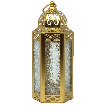 Gold Metal Decorative Moroccan Lantern Candle Holder Lamp - Indoor/Outdoor, Home Decor, Patio, Weddings, Christmas - Gold Medium - MAIN