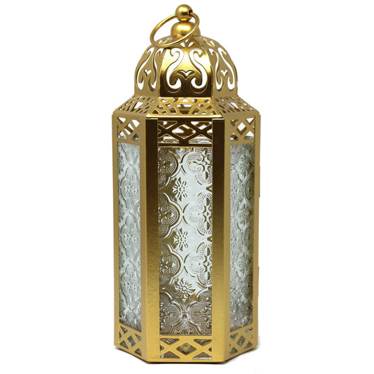 Gold Metal Decorative Moroccan Lantern Candle Holder Lamp - Indoor/Outdoor, Home Decor, Patio, Weddings, Christmas - Gold Medium - MAIN