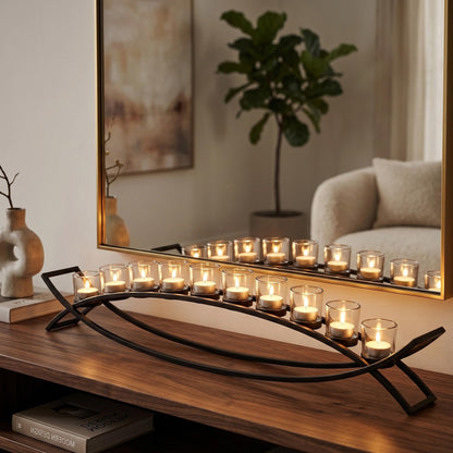 36" Extra Long Iron Arch Table Centerpiece Decorations Long Candle Holder for Mantels, Patio, Kitchen, Dining Room, and Coffee Tables, Black, Clear Chunky 10 Cu - Black/Clear 10 Cup - PT05