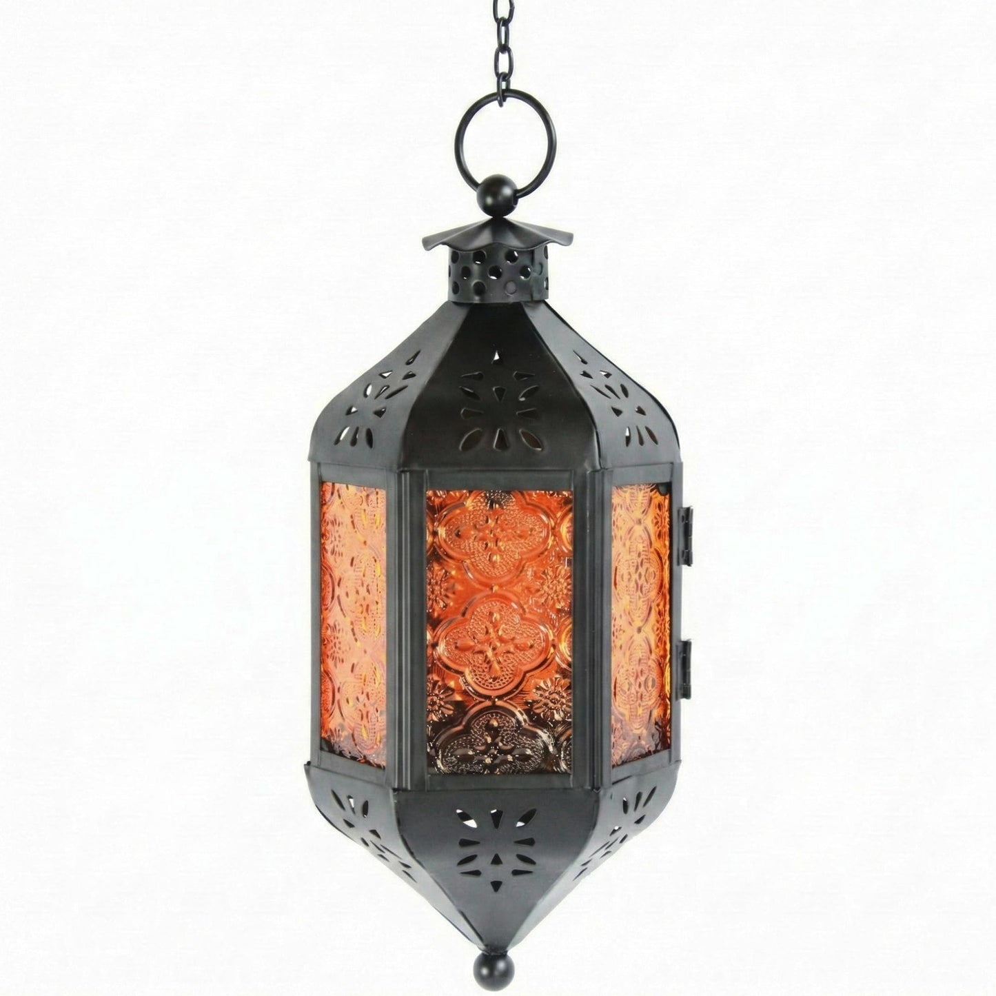 Hanging Moroccan Decorative Candle Lantern Holders for Outdoor Décor - Amber Orange Hanging - MAIN