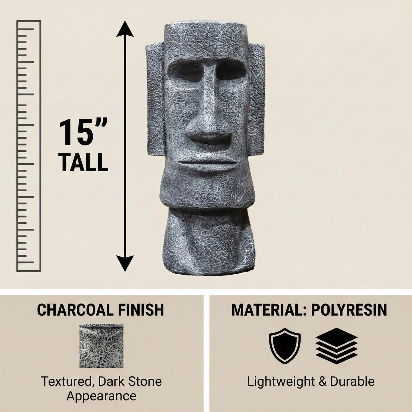 15" Tall Easter Island Moai Monolith Sculpture/Statue, Large - Charcoal Large - 15" - PT05