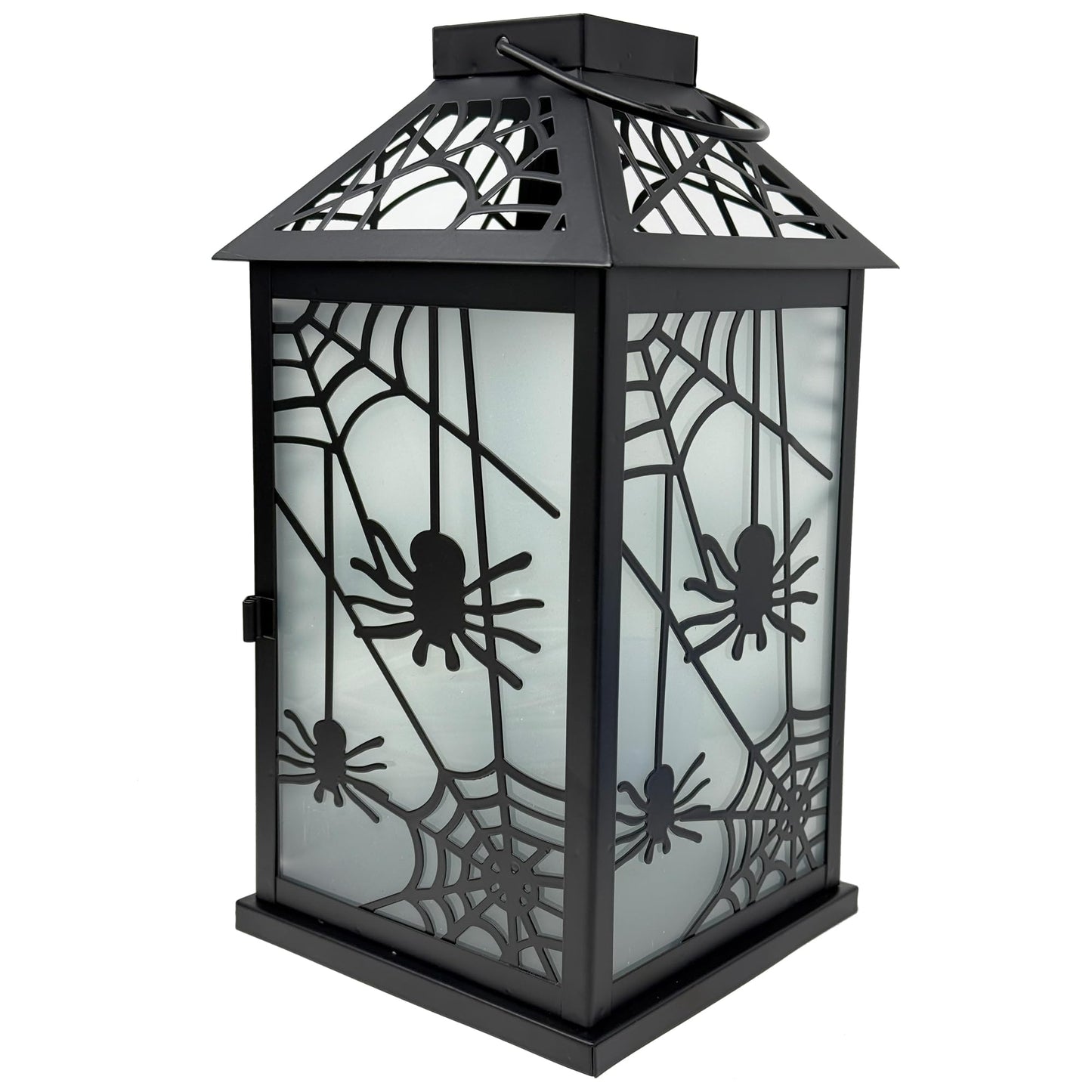 11.5" Halloween Spider Candle Lantern - Decorative Spooky Tabletop Light for Haunted House, Gothic Home, Front Porch & Party Decor, Metal with Frosted Glass (Ca - Dark Gray - PT06