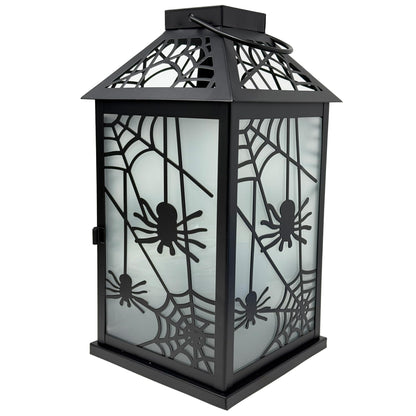11.5" Halloween Spider Candle Lantern - Decorative Spooky Tabletop Light for Haunted House, Gothic Home, Front Porch & Party Decor, Metal with Frosted Glass (Ca - Dark Gray - PT06