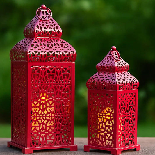 Large Temple Moroccan Lantern Lamp Decorative Candle Holders for Ramadan Decorations, Hanging, Outdoor Patio or Porch, Indoor Home Decor, Red, Set of 2 - Red 11" and 15" - MAIN