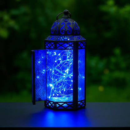 Metal Moroccan Decorative LED Fairy Lights Candle Lantern Holders for Indoor Home Fantasy Decor, Table Centerpieces, Outdoor Patio or Porch, Weddings, Medium - Blue Medium - PT06