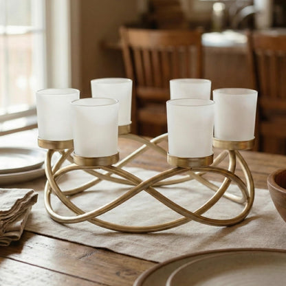 Iron Round Table Decor Centerpiece Decorations Candle Holder for Weddings, Outdoor Patio, Kitchen, Dining Room, and Coffee Tables, Glass Votive Tealight Holders - Gold/Frosted 6-Cup - MAIN