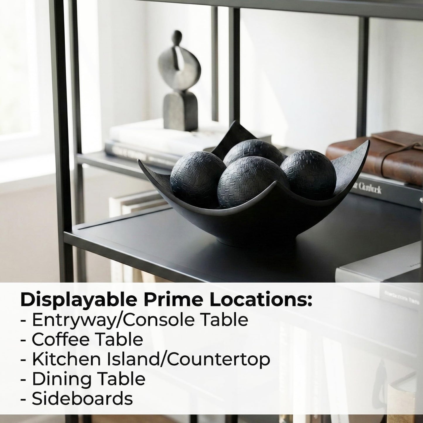 5pc Scoop Bowl Table Centerpieces for Dining Room, Large Decorative Bowls for Coffee Table Decor, Kitchen, Orbs/Balls Included, 14" diagonal. 11" wide and 5.75" - Charcoal Black Large - PT03