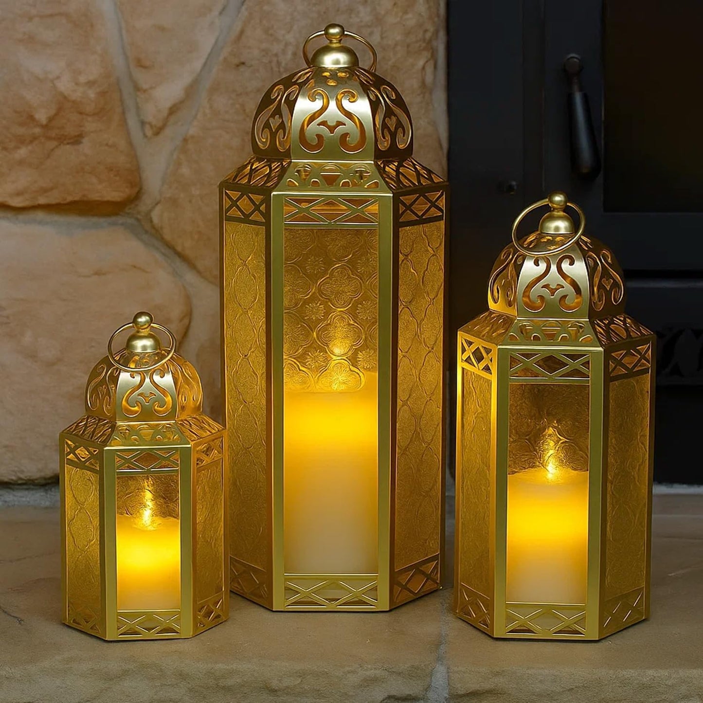 Set of 3 Clear Glass & Gold Metal Moroccan Candle Lantern Holders (XL, Large, Small) - Decorative Indoor/Outdoor Decor for Patio, Floor, Weddings & Ramadan - Gold 3 unidades - PT07