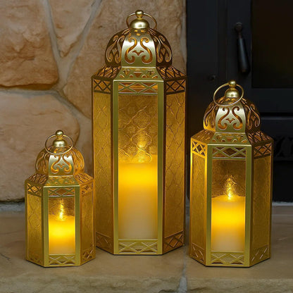 Set of 3 Clear Glass & Gold Metal Moroccan Candle Lantern Holders (XL, Large, Small) - Decorative Indoor/Outdoor Decor for Patio, Floor, Weddings & Ramadan - Gold 3 unidades - PT07