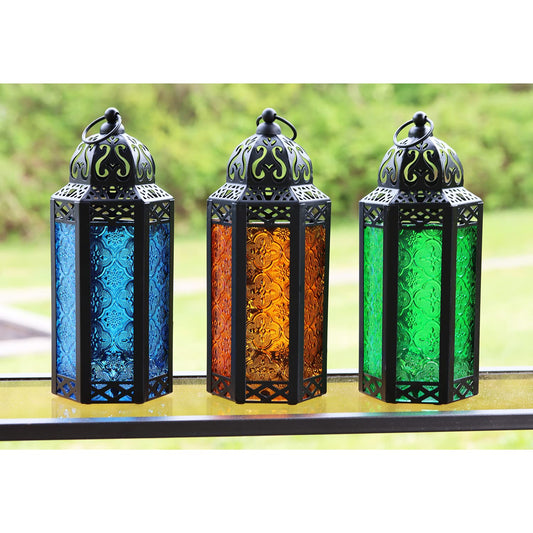 10.5" Moroccan Lamp Lantern Decorative Candle Holder for Indoor Outdoor Home Decor, Patio, Weddings, Ramadan Decorations, Blue/Amber/Green, Medium, Set of 3 - Blue/Amber/Green Medium - MAIN