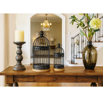 Birdcage Candle Lanterns – Set of 2 Decorative Metal Lanterns on Wooden Base – Vintage Farmhouse Tabletop & Hanging Lantern for Weddings, Parties & Home Decor - Black 12 Inches Tall By 5.5 Inches Diameter - PT04