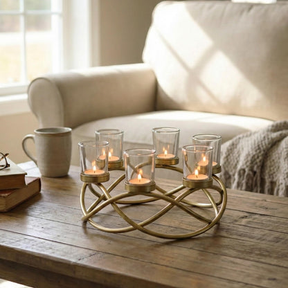 Iron Round Table Decor Centerpiece Decorations Candle Holder for Weddings, Outdoor Patio, Kitchen, Dining Room, and Coffee Tables, Glass Votive Tealight Holders - Gold/Clear 6-Cup - PT02
