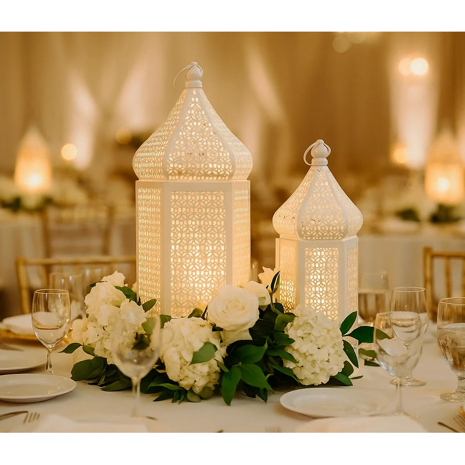 Tower Temple Moroccan Lantern Lamp Decorative Candle Holders - White Set of 2 - PT01