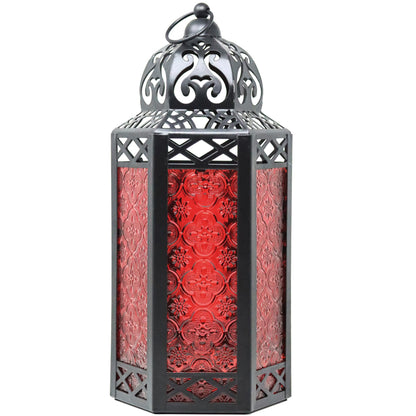 Black Metal Decorative Moroccan Lantern Candle Holder Lamp - Indoor/Outdoor, Home Decor, Patio, Weddings, Christmas - Red Large - MAIN