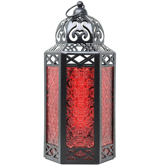 Black Metal Decorative Moroccan Lantern Candle Holder Lamp - Indoor/Outdoor, Home Decor, Patio, Weddings, Christmas - Red Large - MAIN