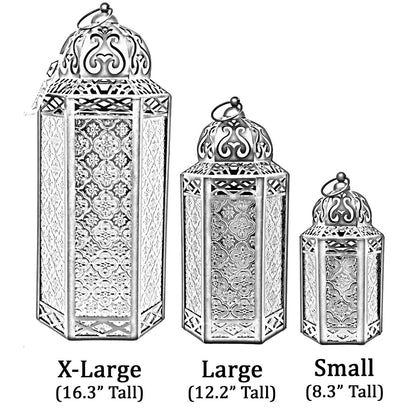 Set of 3 Clear Glass & Black Metal Moroccan Candle Lantern Holders (XL, Large, Small) - Decorative Indoor/Outdoor Decor for Patio, Floor, Weddings & Ramadan - Clear XL-LAR-SM - PT07