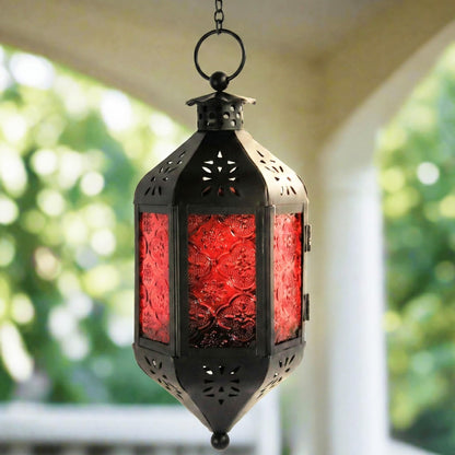 Hanging Moroccan Decorative Candle Lantern Holders for Outdoor Décor - Ruby Red Hanging - PT06