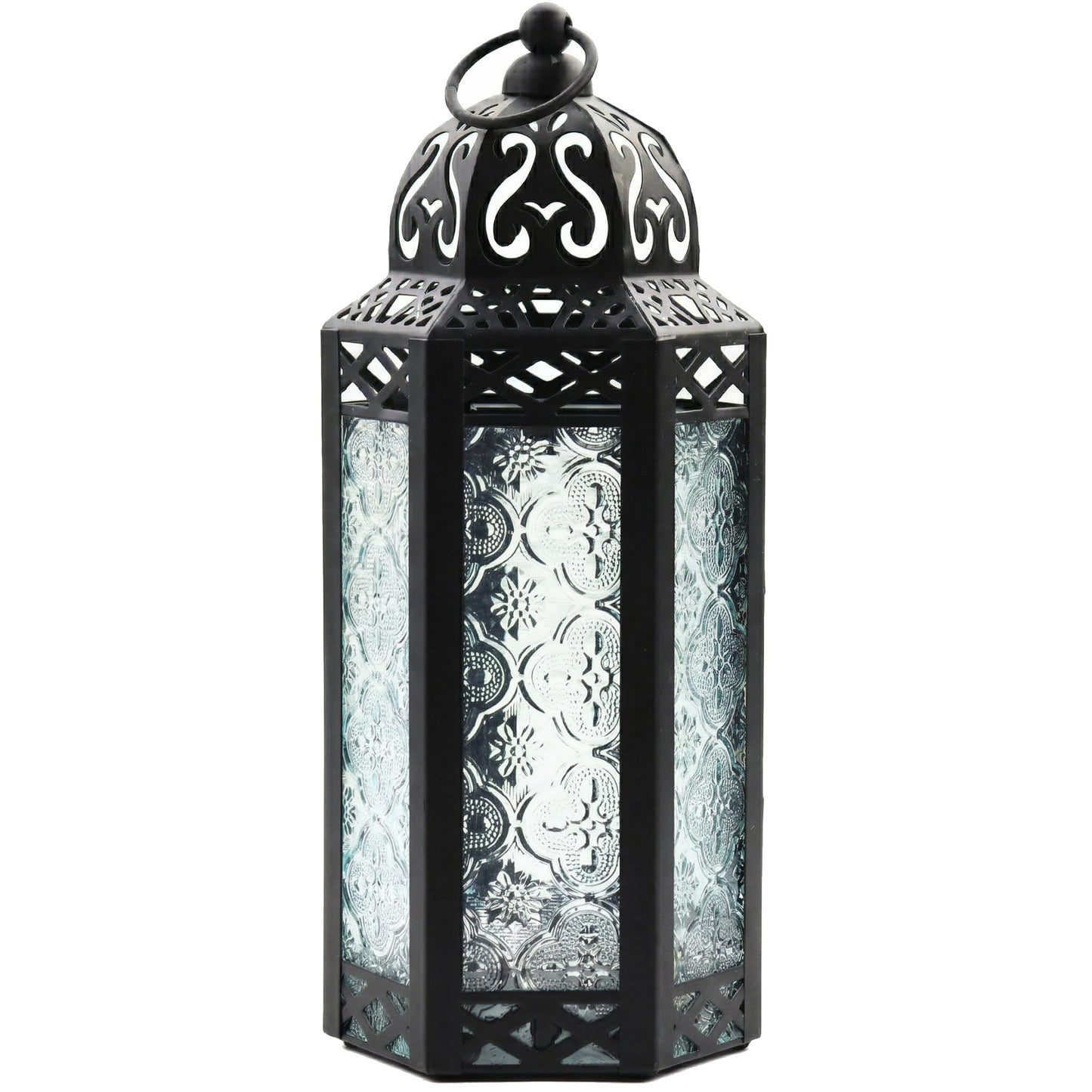 Black Metal Decorative Moroccan Lantern Candle Holder Lamp - Indoor/Outdoor, Home Decor, Patio, Weddings, Christmas - Clear Medium - MAIN