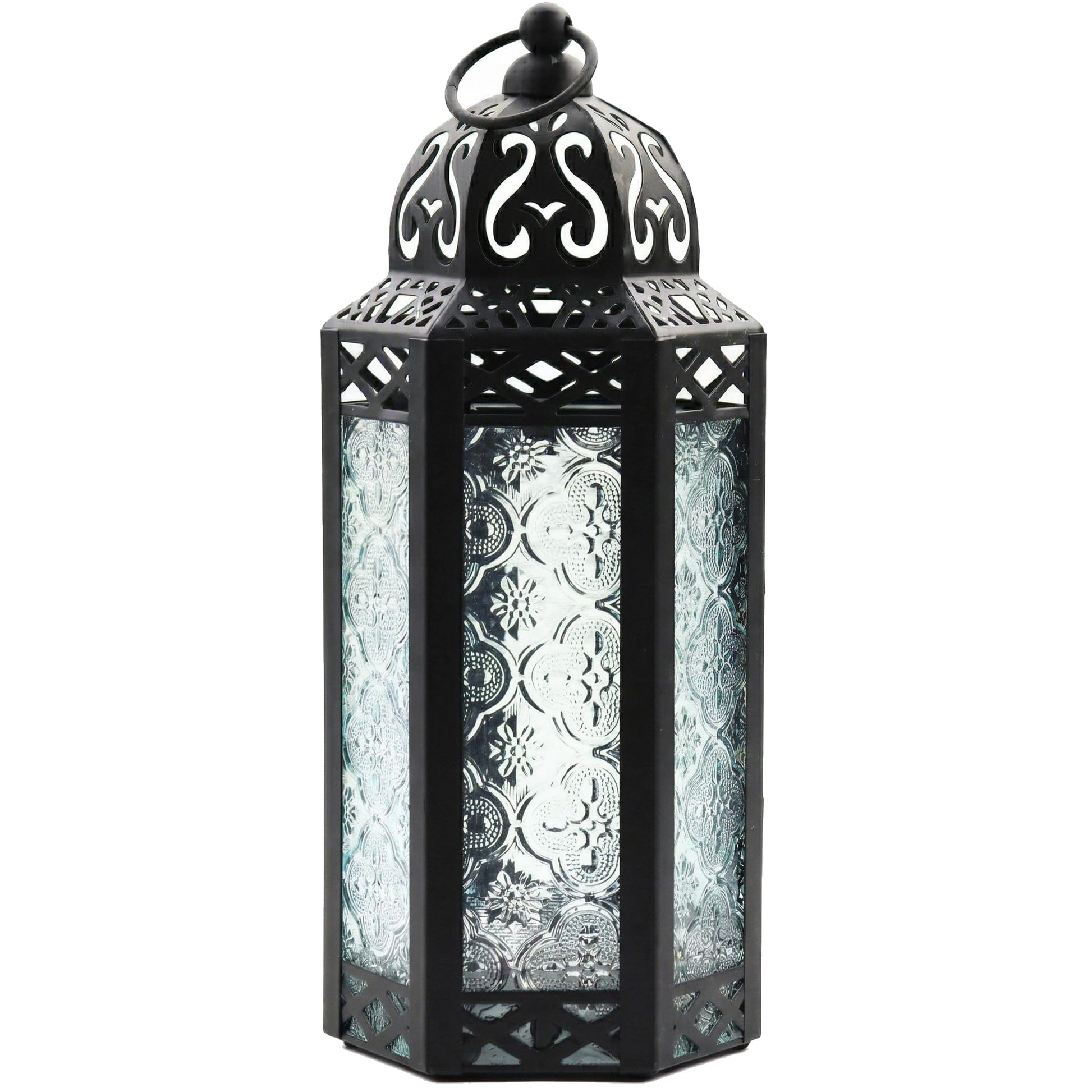 Black Metal Decorative Moroccan Lantern Candle Holder Lamp - Indoor/Outdoor, Home Decor, Patio, Weddings, Christmas - Clear Medium - MAIN