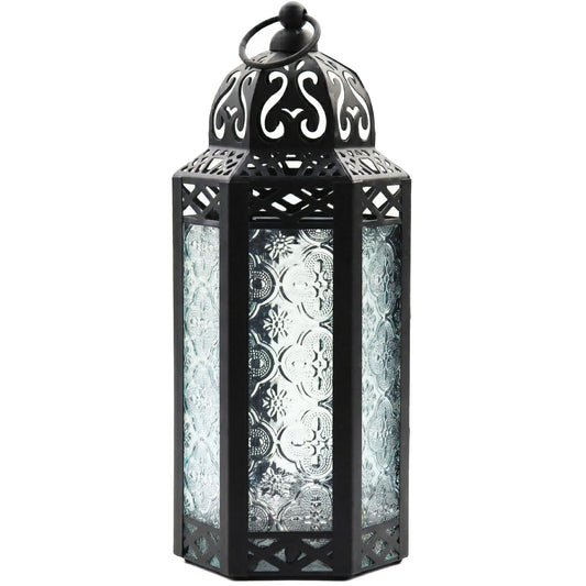 Black Metal Decorative Moroccan Lantern Candle Holder Lamp - Indoor/Outdoor, Home Decor, Patio, Weddings, Christmas - Clear Medium - MAIN