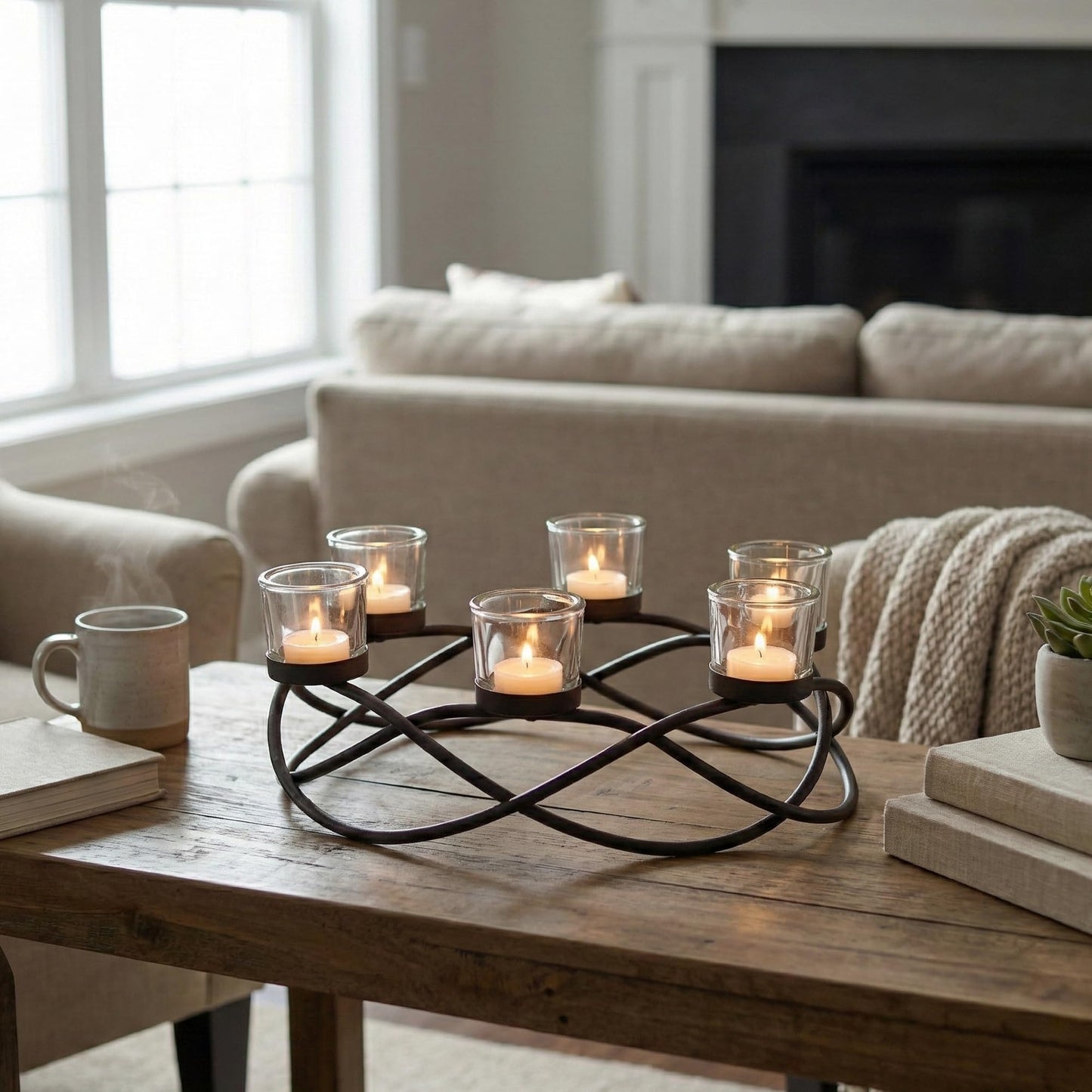 Iron Oval Table Decor Centerpiece Decorations Candle Holder for Weddings, Outdoor Patio, Kitchen, Dining Room, and Coffee Tables, Glass Votive Tealight Holders, - Oval Clear 6-Cup - PT01