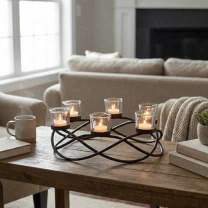 Iron Oval Table Decor Centerpiece Decorations Candle Holder for Weddings, Outdoor Patio, Kitchen, Dining Room, and Coffee Tables, Glass Votive Tealight Holders, - Oval Clear 6-Cup - PT01