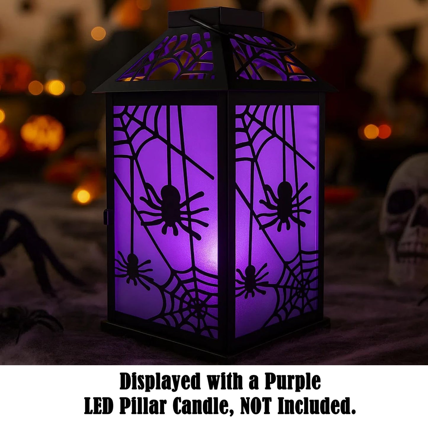 11.5" Halloween Spider Candle Lantern - Decorative Spooky Tabletop Light for Haunted House, Gothic Home, Front Porch & Party Decor, Metal with Frosted Glass (Ca - Dark Gray - PT07
