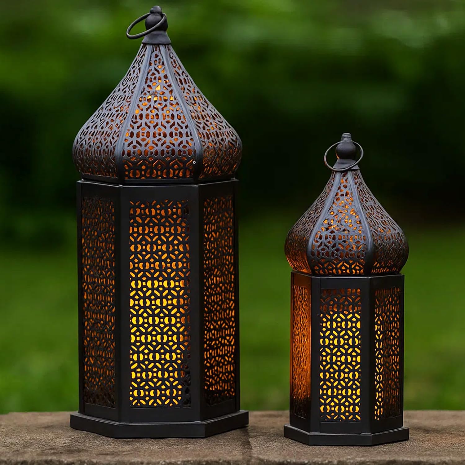 Tower Temple Moroccan Lantern Lamp Decorative Candle Holders - Black Set of 2 - MAIN
