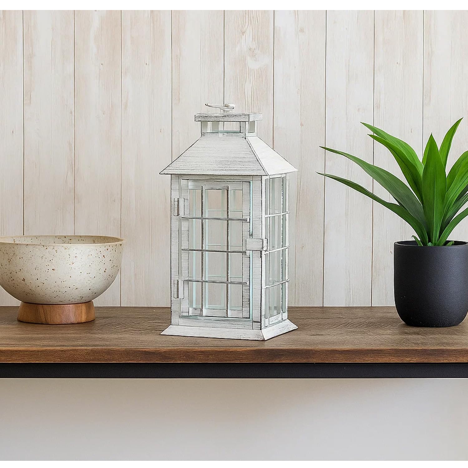 11" Rustic Decorative Candle Lantern – Vintage Metal & Glass Holder for Pillar Candles – Farmhouse Tabletop & Hanging Lantern for Indoor or Patio Decor, White - Rustic White - PT03