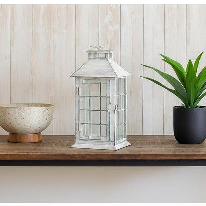 11" Rustic Decorative Candle Lantern – Vintage Metal & Glass Holder for Pillar Candles – Farmhouse Tabletop & Hanging Lantern for Indoor or Patio Decor, White - Rustic White - PT03