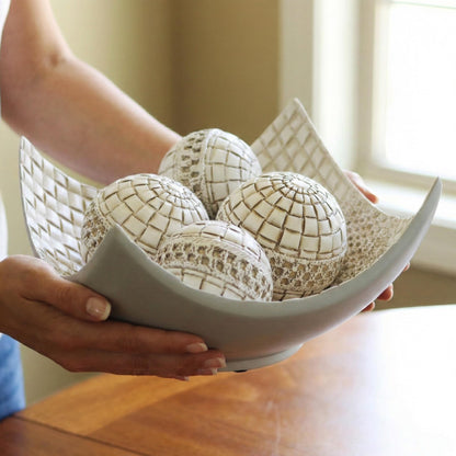 5pc Scoop Bowl Table Centerpieces for Dining Room, Large Decorative Bowls for Coffee Table Decor, Kitchen, Orbs/Balls Included, 14" diagonal. 11" wide and 5.75" - White 11 inches wide and 5.75 inches tall - PT04