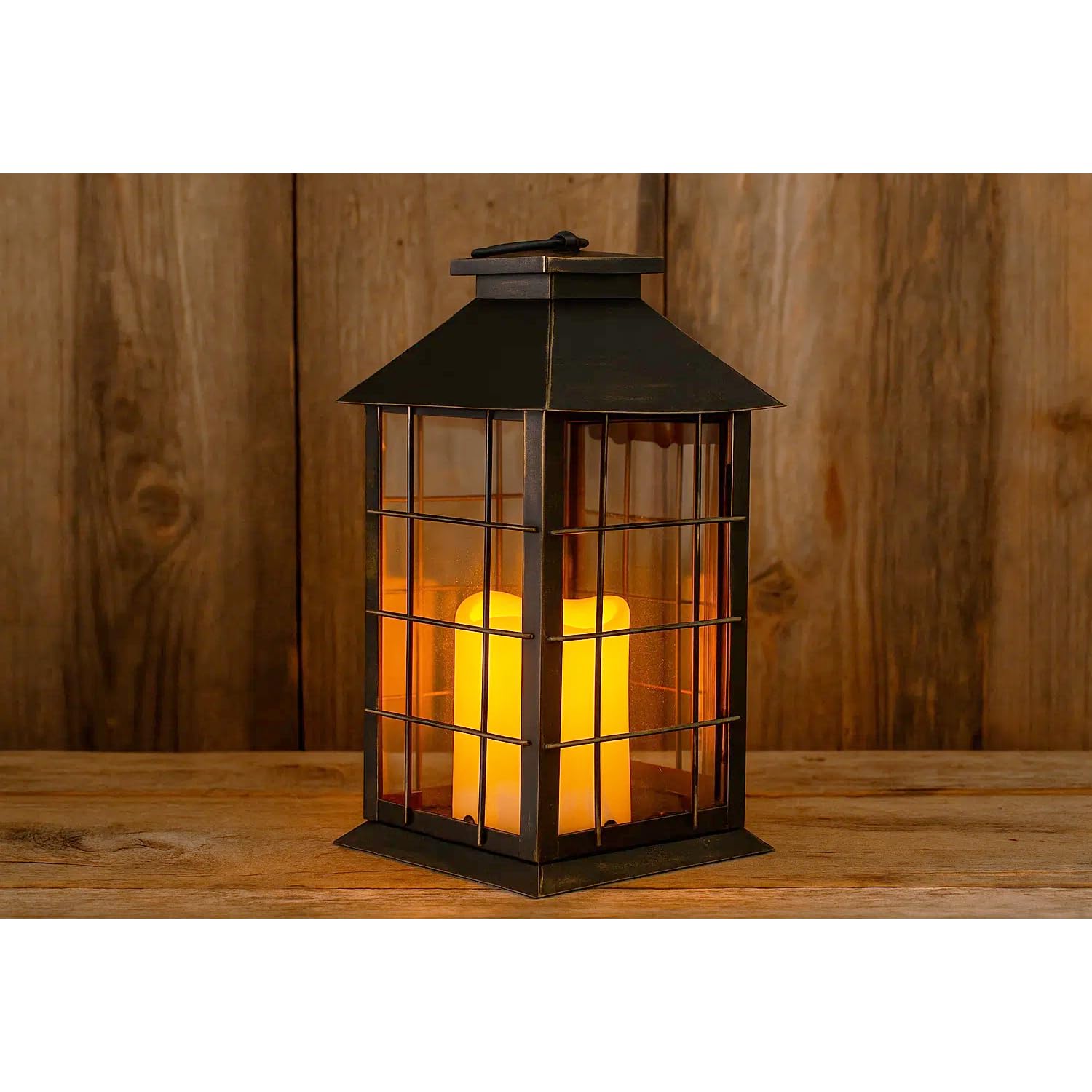11" Rustic Decorative Candle Lantern – Vintage Metal & Glass Holder for Pillar Candles – Farmhouse Tabletop & Hanging Lantern for Indoor or Patio Decor, Bronze - Brushed Bronze 5.5 x 5.5 x 11 inches - PT05