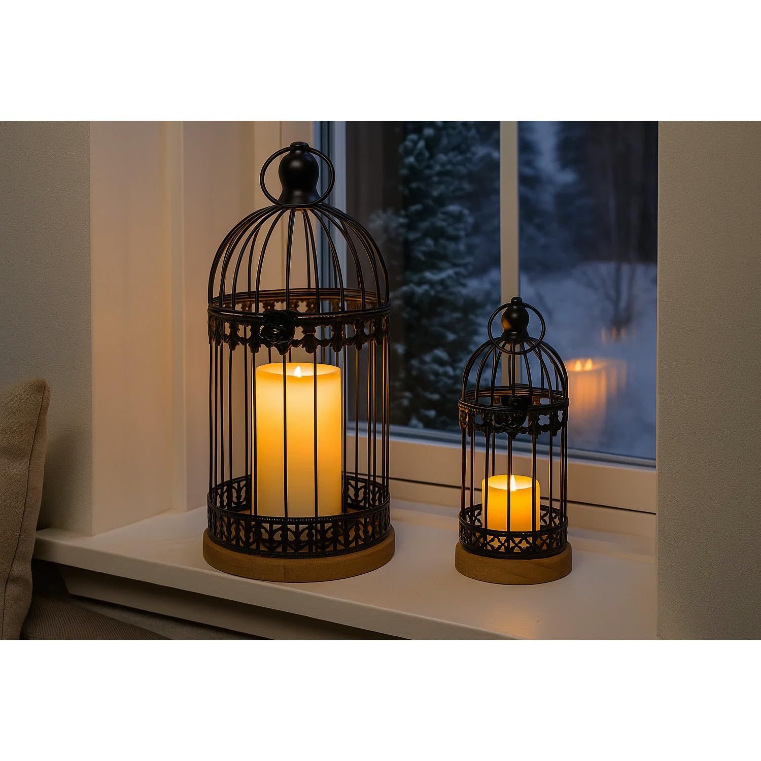 Birdcage Candle Lanterns – Set of 2 Decorative Metal Lanterns on Wooden Base – Vintage Farmhouse Tabletop & Hanging Lantern for Weddings, Parties & Home Decor - Black 12 Inches Tall By 5.5 Inches Diameter - PT02