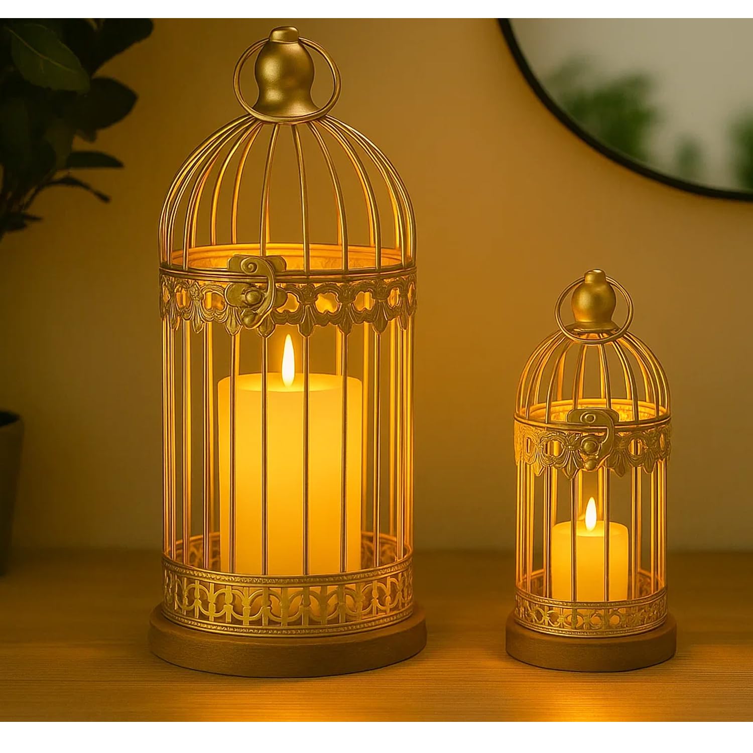 Birdcage Candle Lanterns – Set of 2 Decorative Metal Lanterns on Wooden Base – Vintage Farmhouse Tabletop & Hanging Lantern for Weddings, Parties & Home Decor - Gold 12 Inches Tall By 5.5 Inches Diameter - PT01
