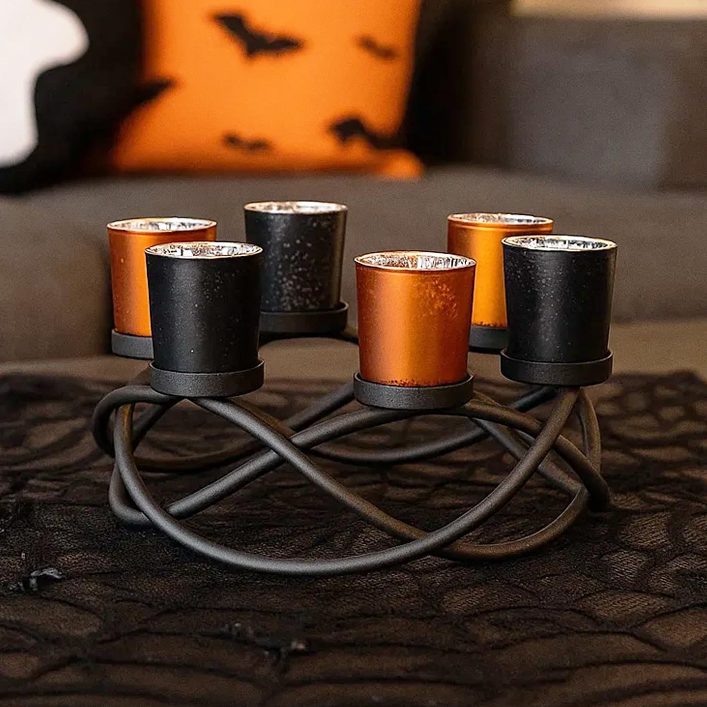 Halloween Centerpiece Table Decor Candle Holder for Kitchen, Dining Room, and Coffee Tables, Glass Votive Tealight Holders, Black, 6 Black/Orange Cups - Black/Orange 6-Cup - PT04