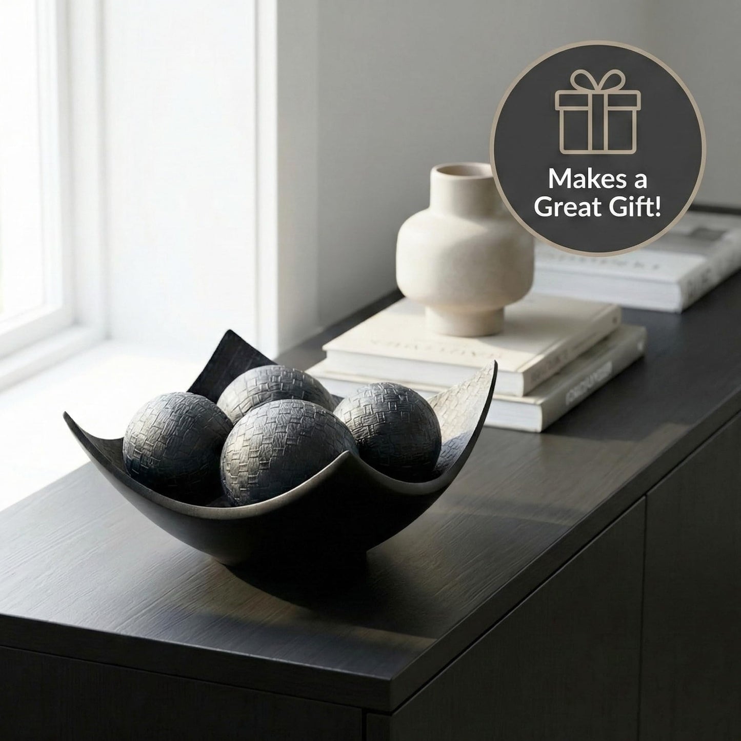 5pc Scoop Bowl Table Centerpieces for Dining Room, Large Decorative Bowls for Coffee Table Decor, Kitchen, Orbs/Balls Included, 14" diagonal. 11" wide and 5.75" - Charcoal Black Large - PT05