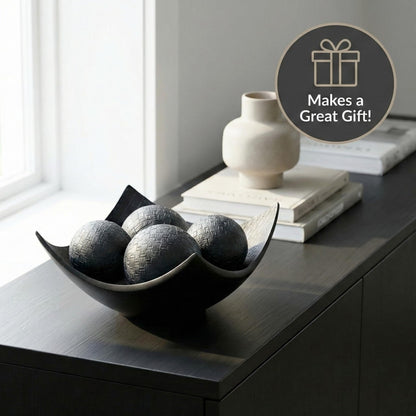 5pc Scoop Bowl Table Centerpieces for Dining Room, Large Decorative Bowls for Coffee Table Decor, Kitchen, Orbs/Balls Included, 14" diagonal. 11" wide and 5.75" - Charcoal Black Large - PT05