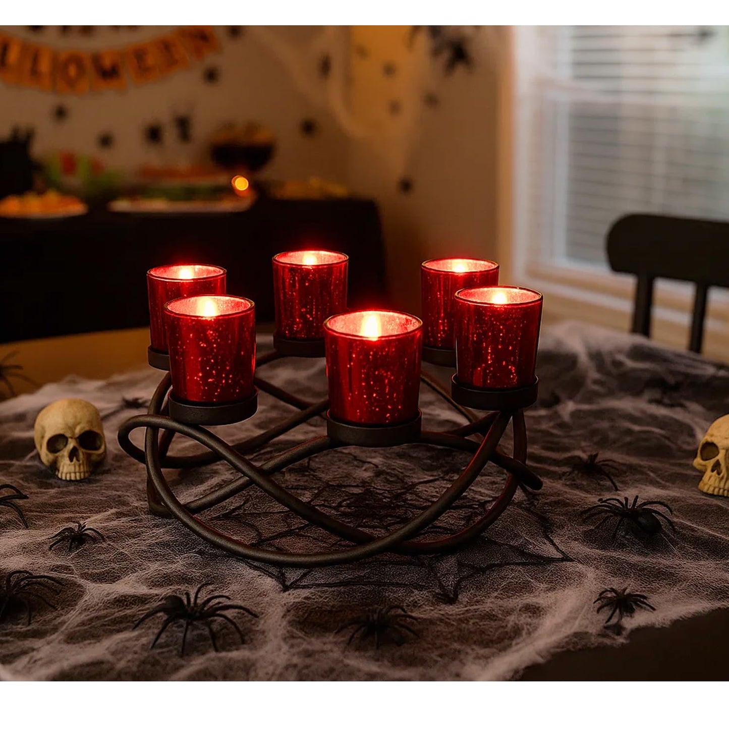 Iron Round Votive Tealight Candle Holder Centerpiece for Halloween and Christmas Decorations - Table Decor for Weddings, Outdoor Patio, Kitchen, and Coffee Tabl - Black/Red circular - PT07