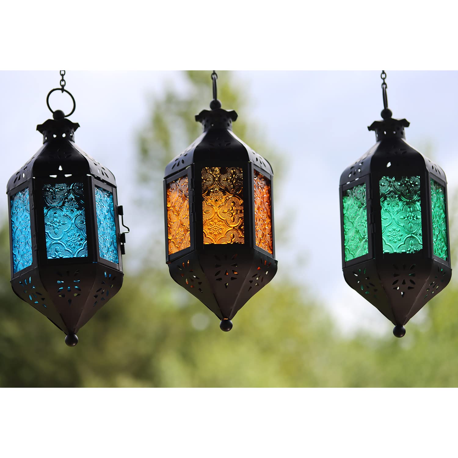 Hanging Moroccan Decorative Candle Lantern Holders for Outdoor Décor - Blue/Amber/Green Hanging - PT02