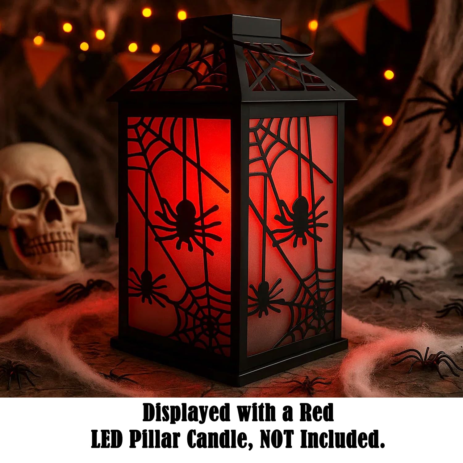 11.5" Halloween Spider Candle Lantern - Decorative Spooky Tabletop Light for Haunted House, Gothic Home, Front Porch & Party Decor, Metal with Frosted Glass (Ca - Dark Gray - PT01