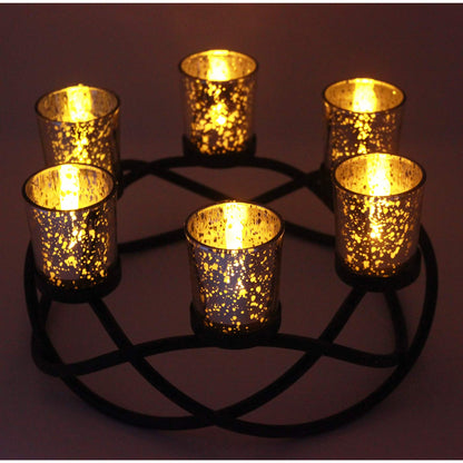 Iron Round Table Decor Christmas Centerpiece Decorations Candle Holder for Weddings, Outdoor Patio, Dining Room, and Coffee Tables, Glass Votive Tealight Holder - Black/Silver 6-Cup - PT07