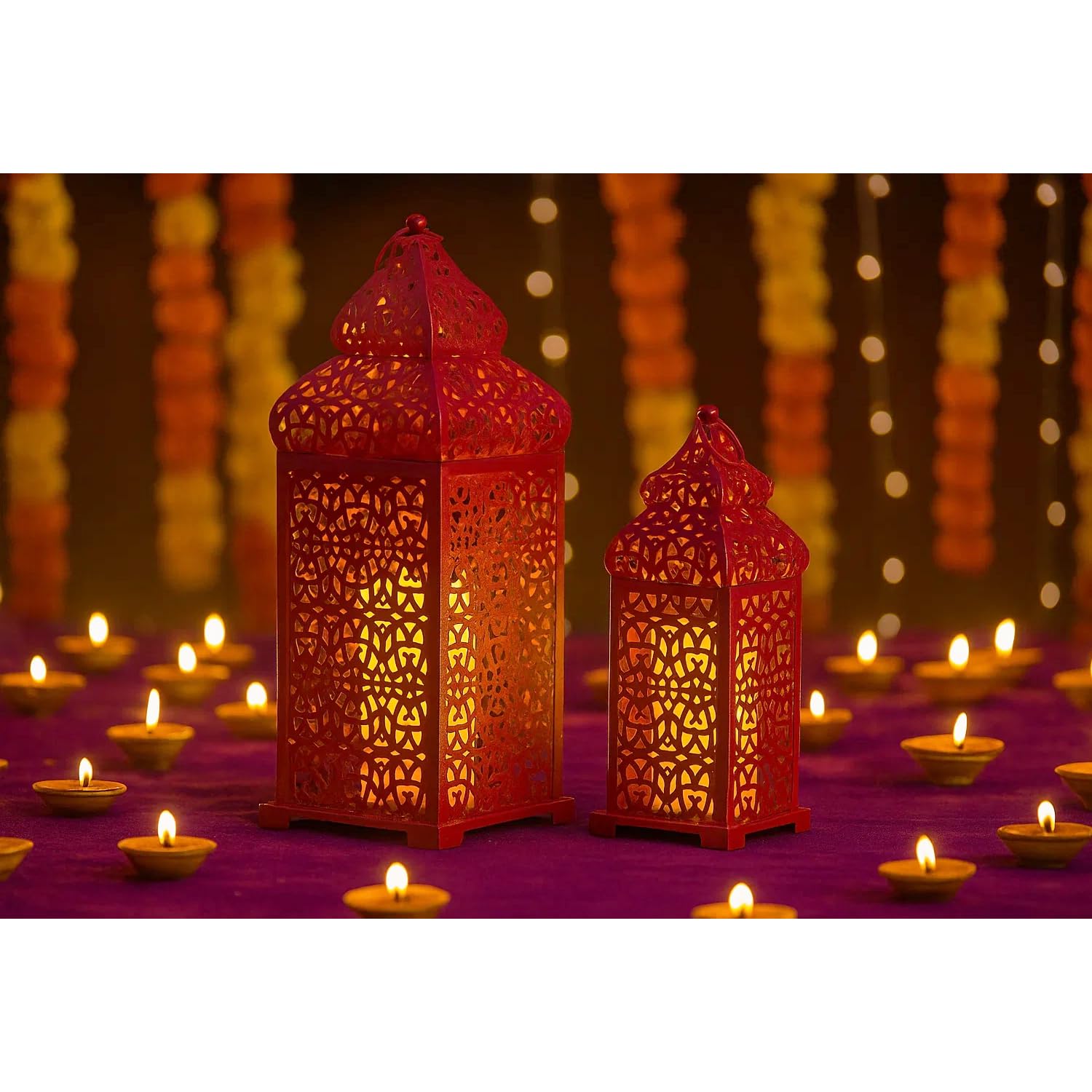 Large Temple Moroccan Lantern Lamp Decorative Candle Holders for Ramadan Decorations, Hanging, Outdoor Patio or Porch, Indoor Home Decor, Red, Set of 2 - Red 11" and 15" - PT01