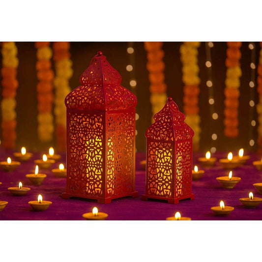 Large Temple Moroccan Lantern Lamp Decorative Candle Holders for Ramadan Decorations, Hanging, Outdoor Patio or Porch, Indoor Home Decor, Red, Set of 2 - Red 11" and 15" - PT01