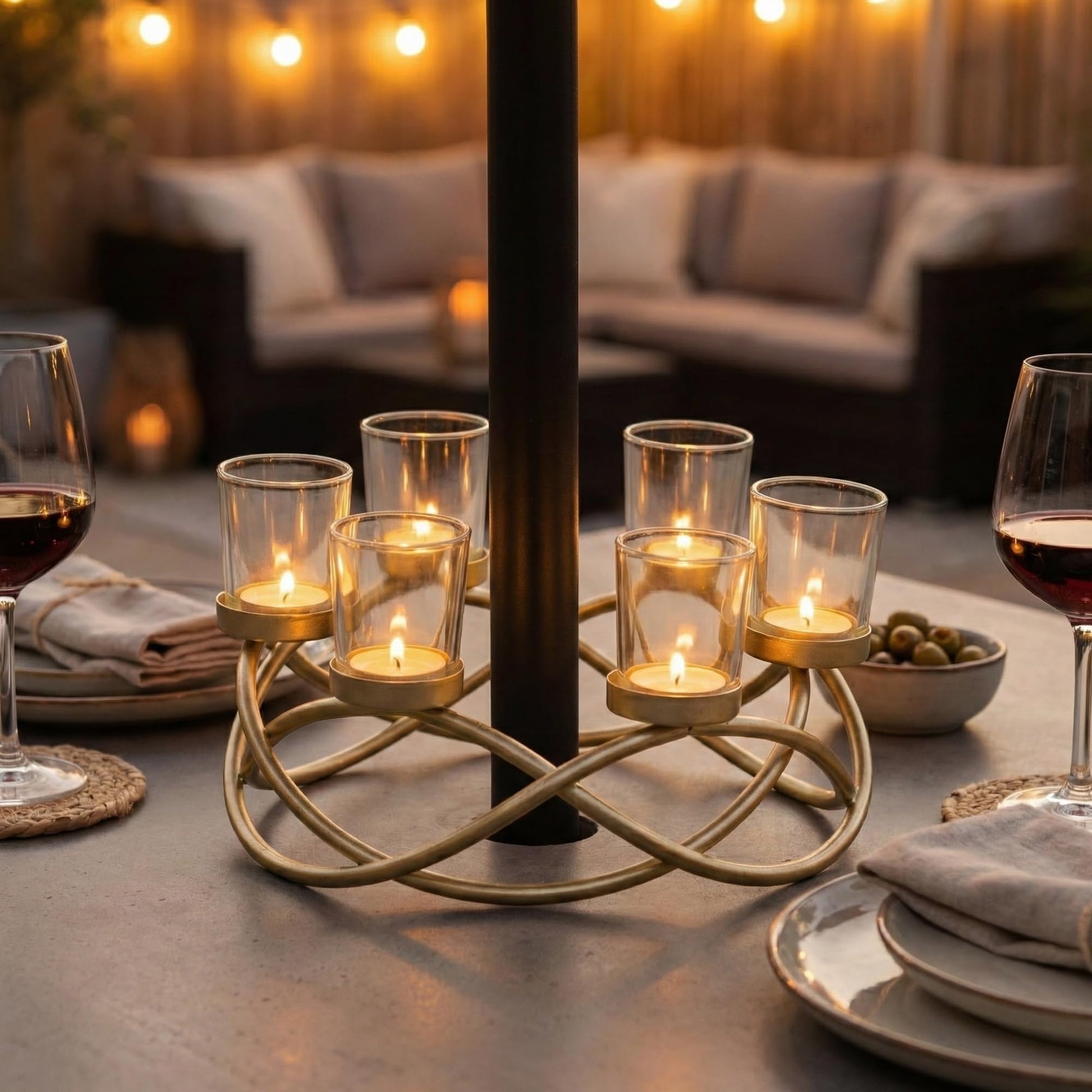 Iron Round Table Decor Centerpiece Decorations Candle Holder for Weddings, Outdoor Patio, Kitchen, Dining Room, and Coffee Tables, Glass Votive Tealight Holders - Gold/Clear 6-Cup - PT01