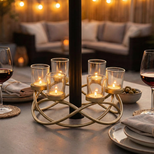 Iron Round Table Decor Centerpiece Decorations Candle Holder for Weddings, Outdoor Patio, Kitchen, Dining Room, and Coffee Tables, Glass Votive Tealight Holders - Gold/Clear 6-Cup - PT01