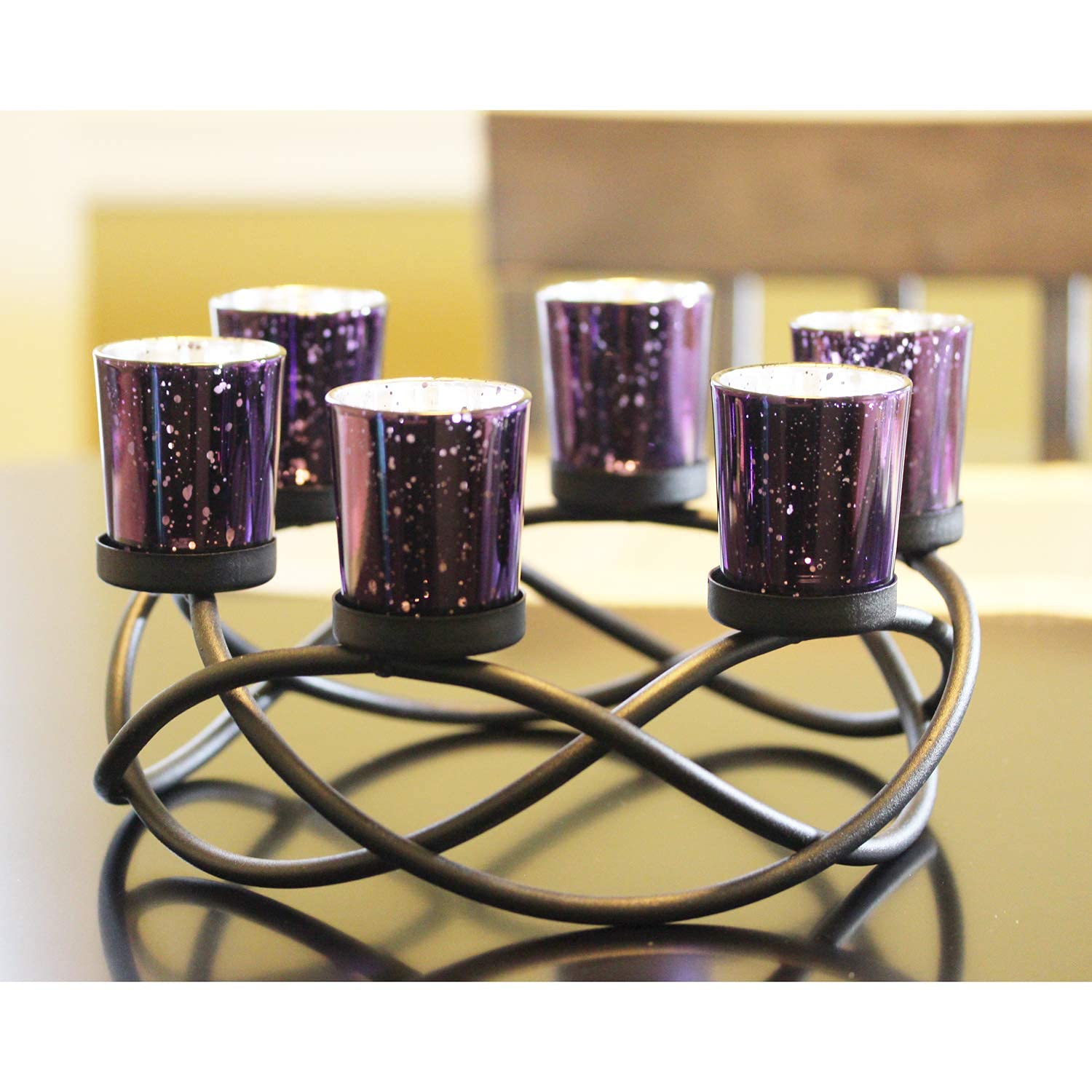 Iron Round Table Decor Centerpiece Decorations Candle Holder for Weddings, Outdoor Patio, Kitchen, Dining Room, and Coffee Tables, Glass Votive Tealight Holders - Black/Purple circular - PT02