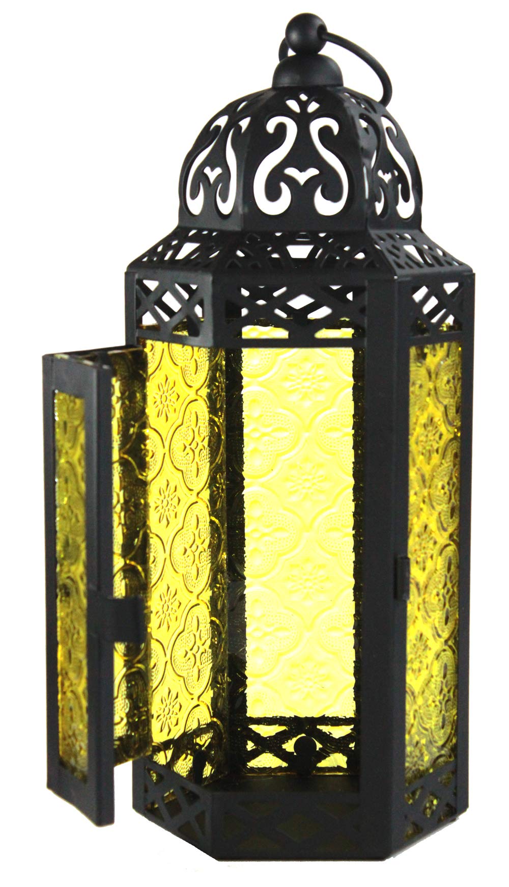 Black Metal Decorative Moroccan Lantern Candle Holder Lamp - Indoor/Outdoor, Home Decor, Patio, Weddings, Christmas - Yellow Medium - PT04