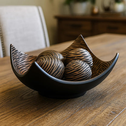 5pc Large Decorative Scoop Bowl Set with Stylish Orbs/Balls – Elegant Centerpiece for Dining/Kitchen Table, Living Room, or Office Decor, 14" diagonal. 11" wide - Brown 14 inches - MAIN