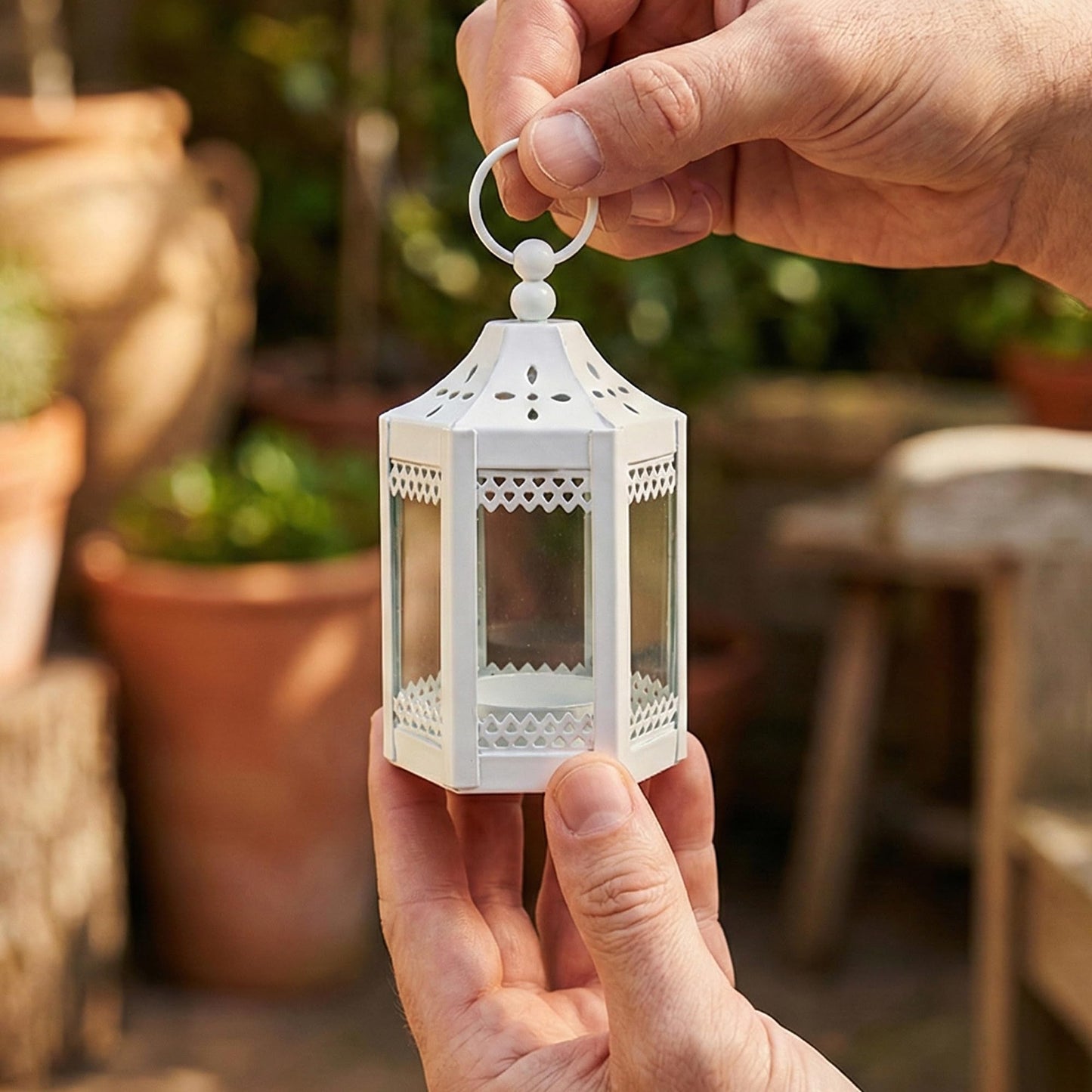 6pc Mini Small 4.5 Inch Metal Moroccan Lanterns Decorative Candle Tealight Holders for Centerpieces, Ramadan, Home Decor, Weddings, White - White Set of 6 - PT04